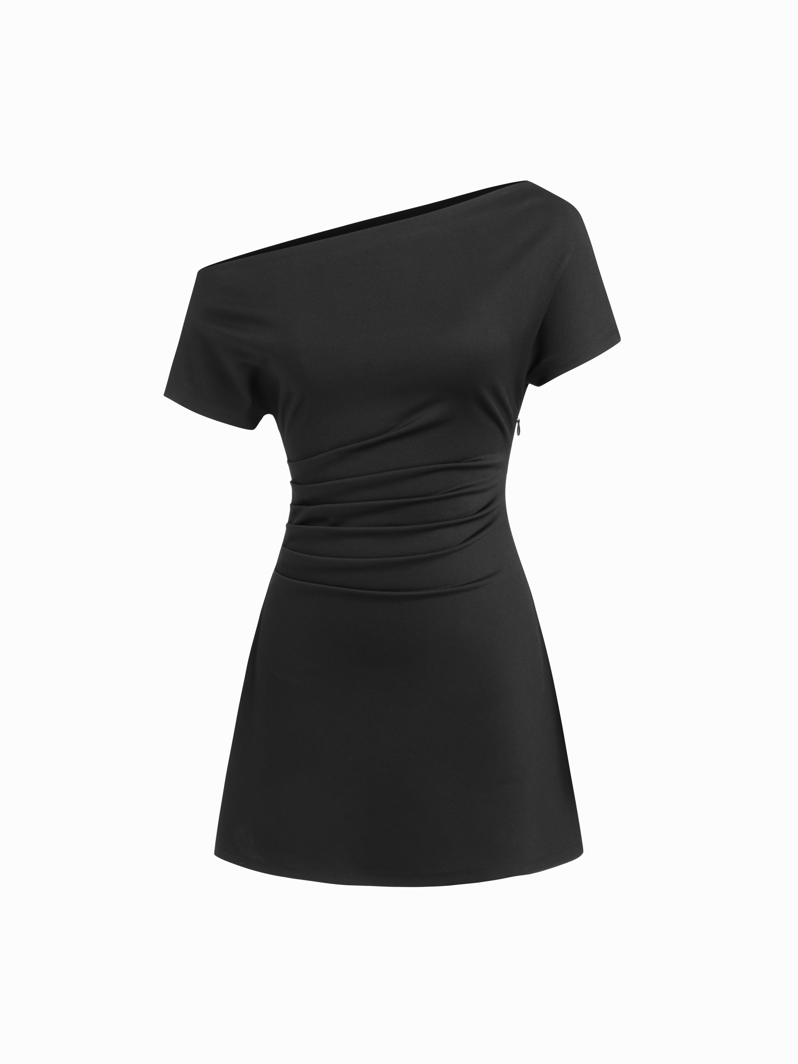 Asymmetrical Neck Ruched Short Sleeve Mini Dress